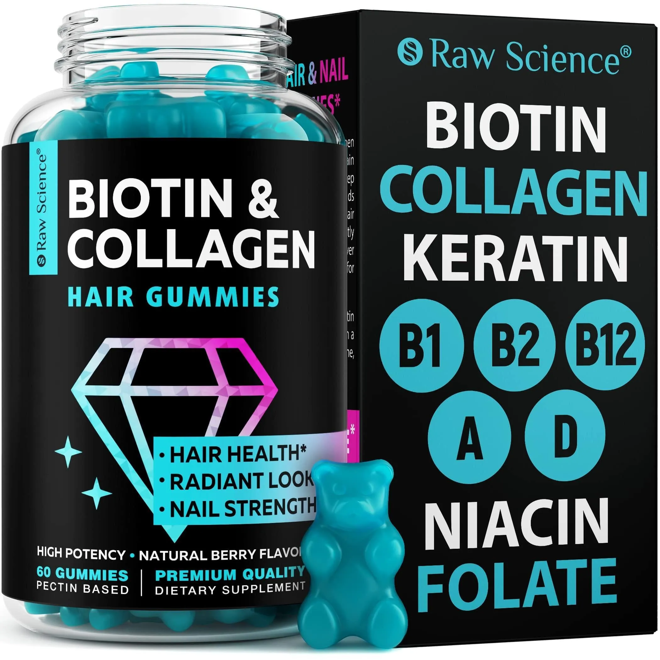 Biotin Collagen Gummies Hair Skin and Nails Vitamins for Women Men 60 Gummy Bear